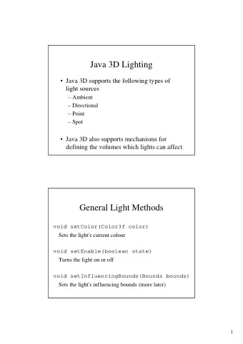 Java 3D Lighting   Java 3D supports the following types of  light sources   Ambient