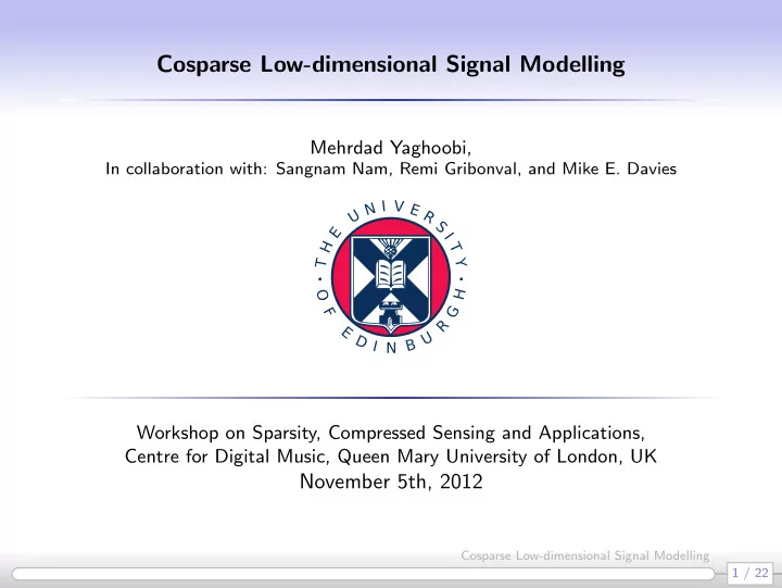 cosparse low dimensional signal modelling