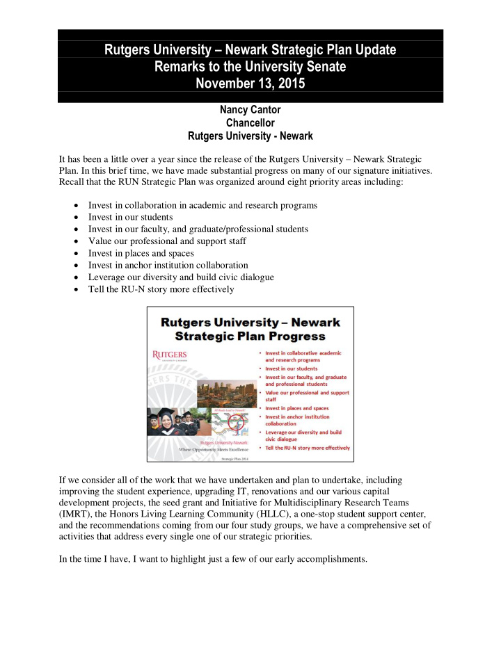 rutgers university newark strategic plan update remarks