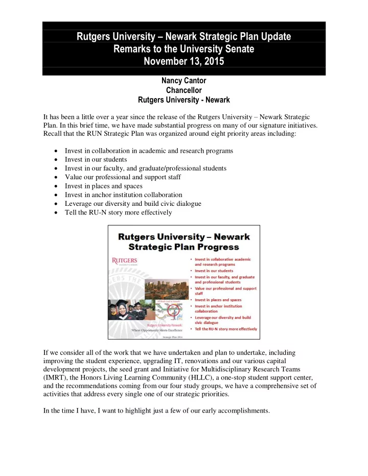 rutgers university newark strategic plan update remarks