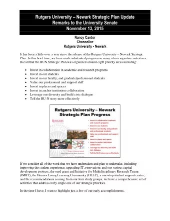 Rutgers University  Newark Strategic Plan Update  Remarks to the University Senate  November 13,