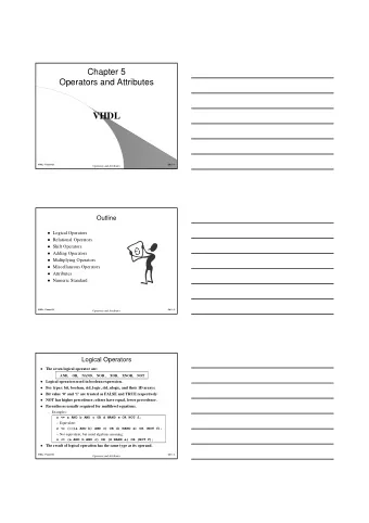 VHDL  VHDL - Flaxer Eli  Ch 5 - 1  Operators and Attributes  Outline  Logical Operators