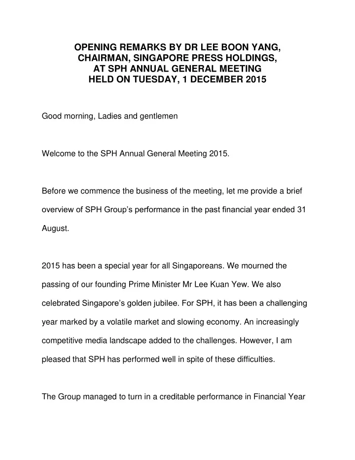 opening remarks by dr lee boon yang chairman singapore