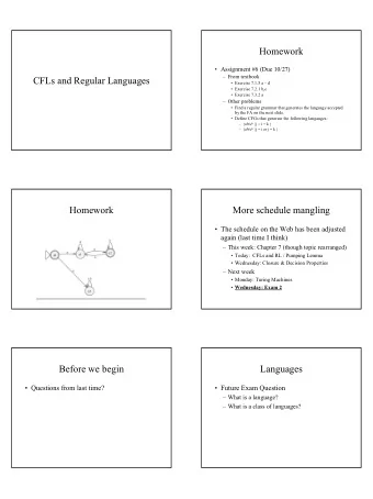 Homework   Assignment #6 (Due 10/27)   From textbook  CFLs and Regular Languages