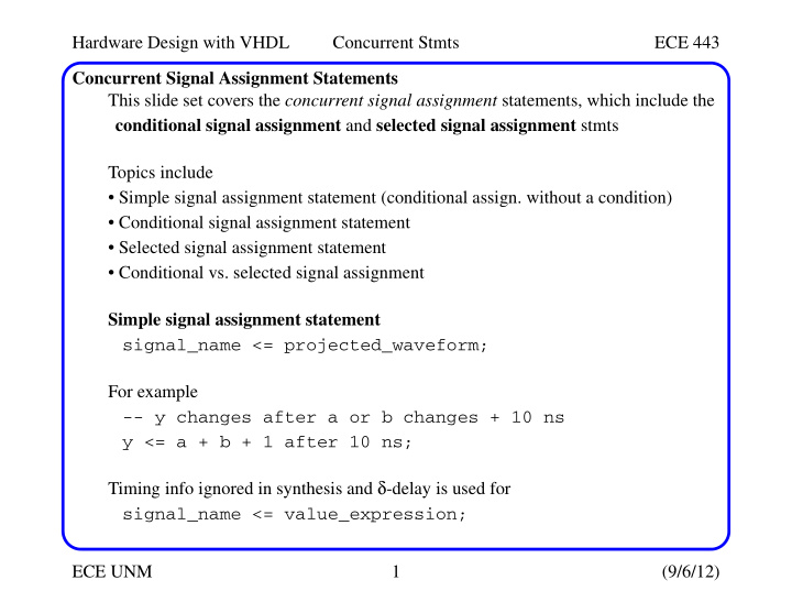 hardware design with vhdl concurrent stmts ece 443