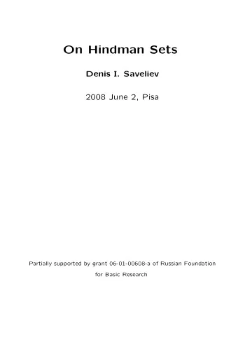On Hindman Sets  Denis I. Saveliev  2008 June 2, Pisa  Partially supported by grant 06-01-00608-a
