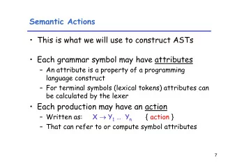 Semantic Actions   This is what we will use to construct ASTs   Each grammar symbol may have