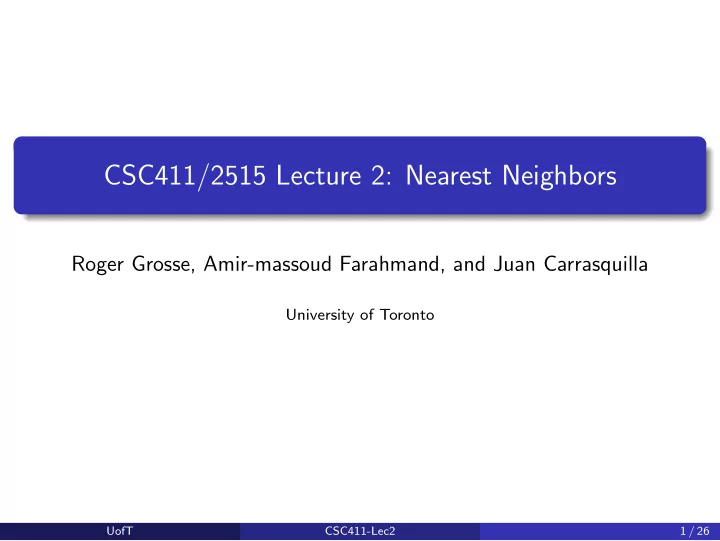 csc411 2515 lecture 2 nearest neighbors