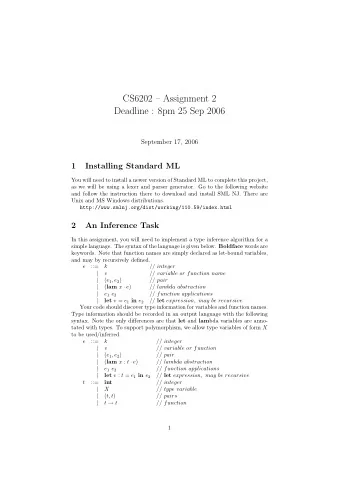CS6202  Assignment 2  Deadline : 8pm 25 Sep 2006  September 17, 2006  1  Installing Standard ML