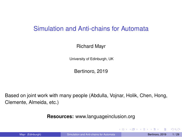 simulation and anti chains for automata