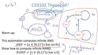 CS3102 Theory of  Computation  0,1  Some 0s  0  0  start  Warm up:  1  1  No 0s  This automaton