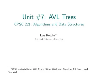 Unit #7: AVL Trees  CPSC 221: Algorithms and Data Structures Lars Kotthoff 1  larsko@cs.ubc.ca 1