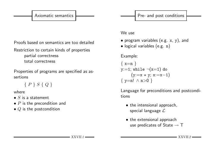 axiomatic semantics pre and post conditions we use