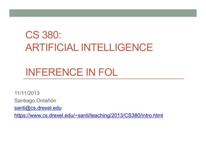 cs 380 artificial intelligence inference in fol