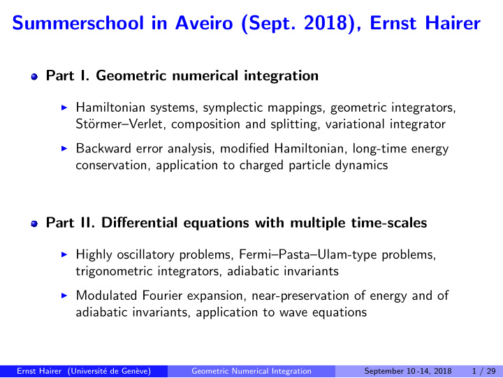 summerschool in aveiro sept 2018 ernst hairer