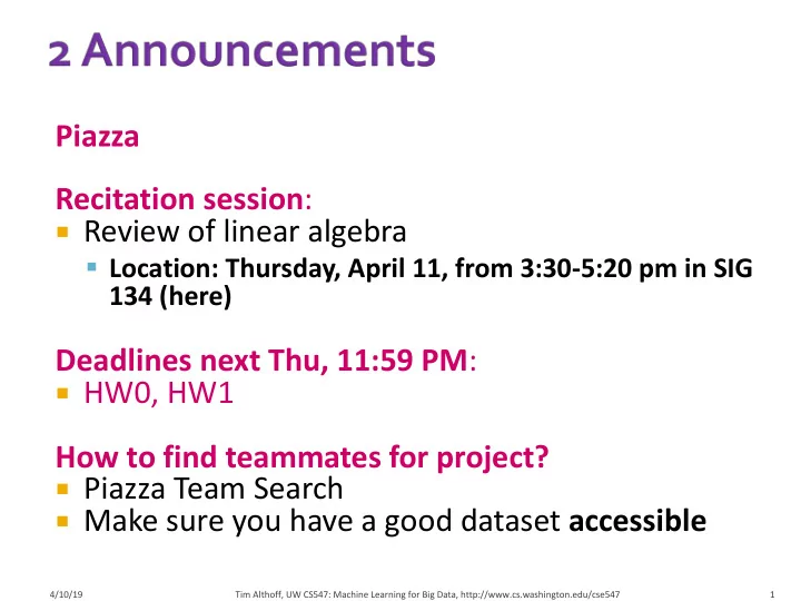 piazza recitation session review of linear algebra