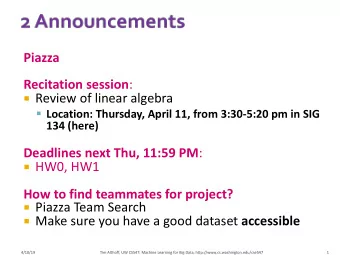 Piazza Recitation session :  Review of linear algebra  Location: Thursday, April 11, from