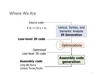 Where We Are  Source code  Lexical, Syntax, and  if (b == 0) a = b;  Semantic Analysis  IR