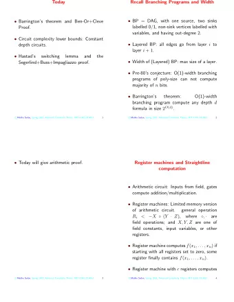 Today  Recall Branching Programs and Width  BP = DAG, with one source, two sinks