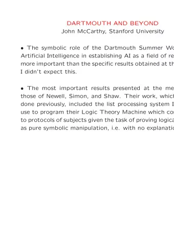 DARTMOUTH AND BEYOND  John McCarthy, Stanford University  The symbolic role of the Dartmouth