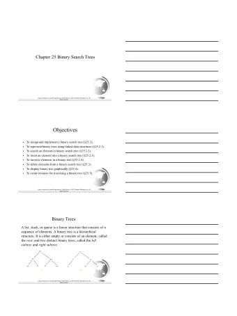 Objectives  To design and implement a binary search tree (25.2).  To represent binary trees