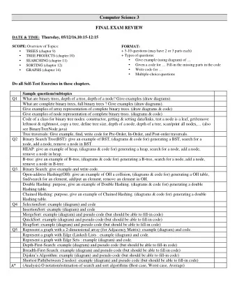 Computer Science 3 FINAL EXAM REVIEW DATE &amp; TIME: Thursday, 05/12/16,10:15-12:15 SCOPE: