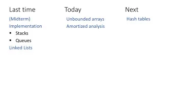 Last time  Today  Next  (Midterm)  Hash tables  Unbounded arrays  Implementation  Amortized