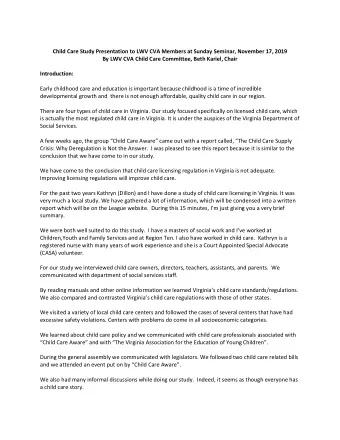 Child Care Study Presentation to LWV CVA Members at Sunday Seminar, November 17, 2019 By LWV CVA