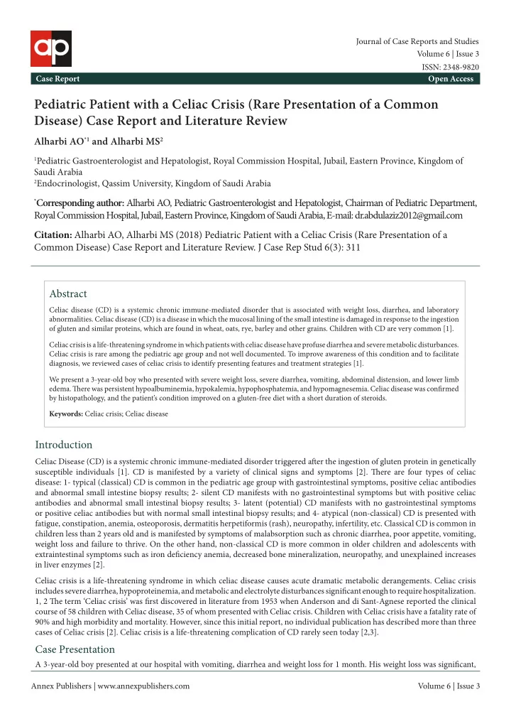 pediatric patient with a celiac crisis rare presentation
