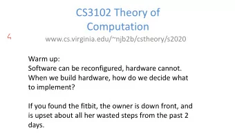 CS3102 Theory of  Computation  www.cs.virginia.edu/~njb2b/cstheory/s2020  Warm up:  Software can be