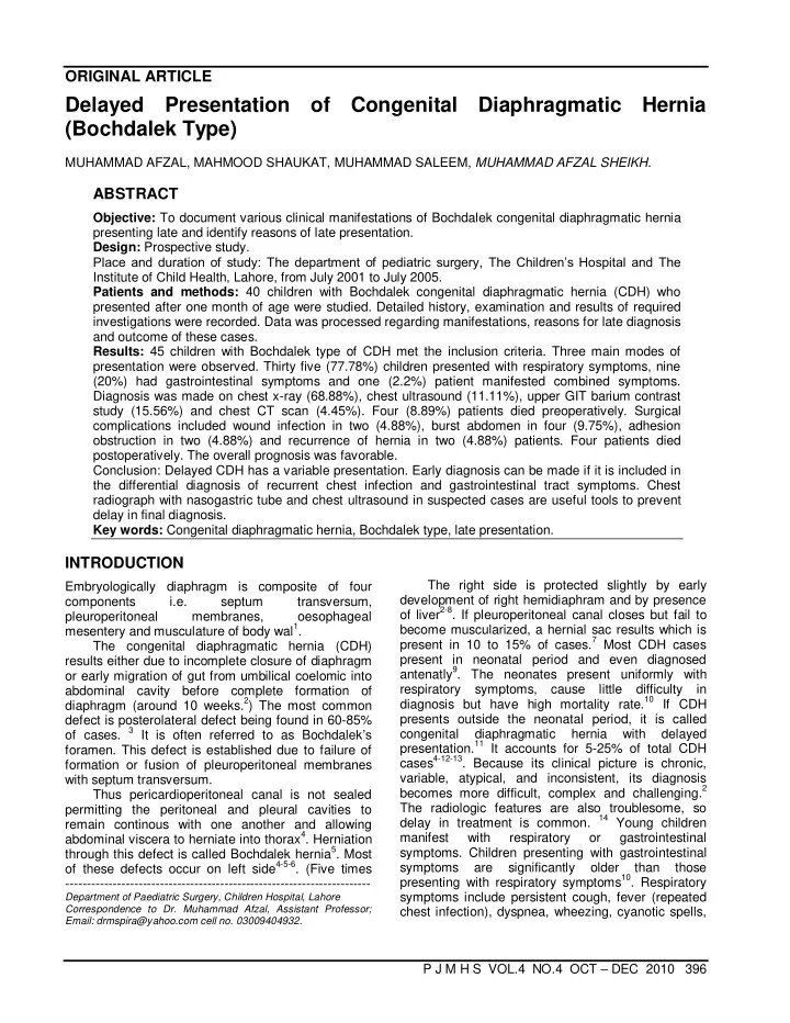 delayed presentation of congenital diaphragmatic hernia
