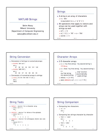 Strings  A string is an array of characters  s =  'abc'  MATLAB Strings  is equivalent to s =