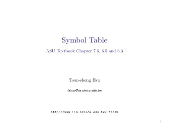 Symbol Table  ASU Textbook Chapter 7.6, 6.5 and 6.3  Tsan-sheng Hsu  tshsu@iis.sinica.edu.tw