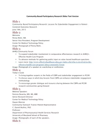Slide 1  Community-Based Participatory Research: Lessons for Stakeholder Engagement in Patient-