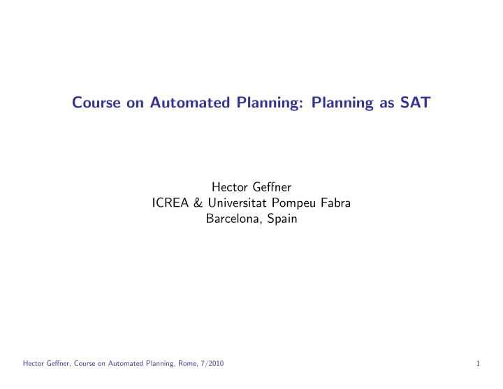course on automated planning planning as sat