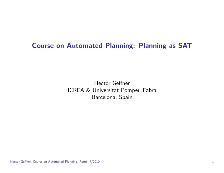 course on automated planning planning as sat