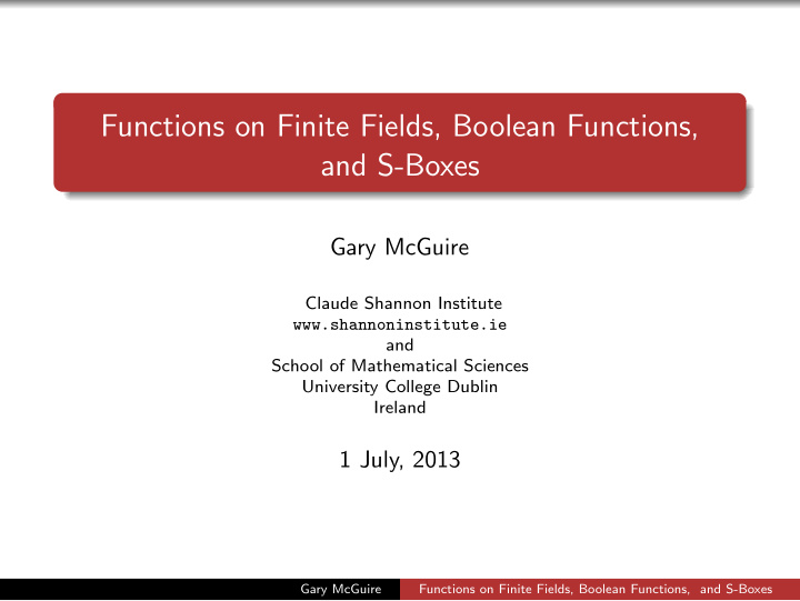 functions on finite fields boolean functions and s boxes