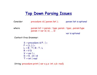 Top Down Parsing Issues  Consider:  procedure id ( param list ) ;  param list is optional  where