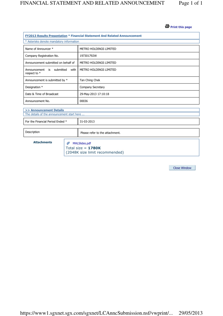 financial statement and related announcement page 1 of 1