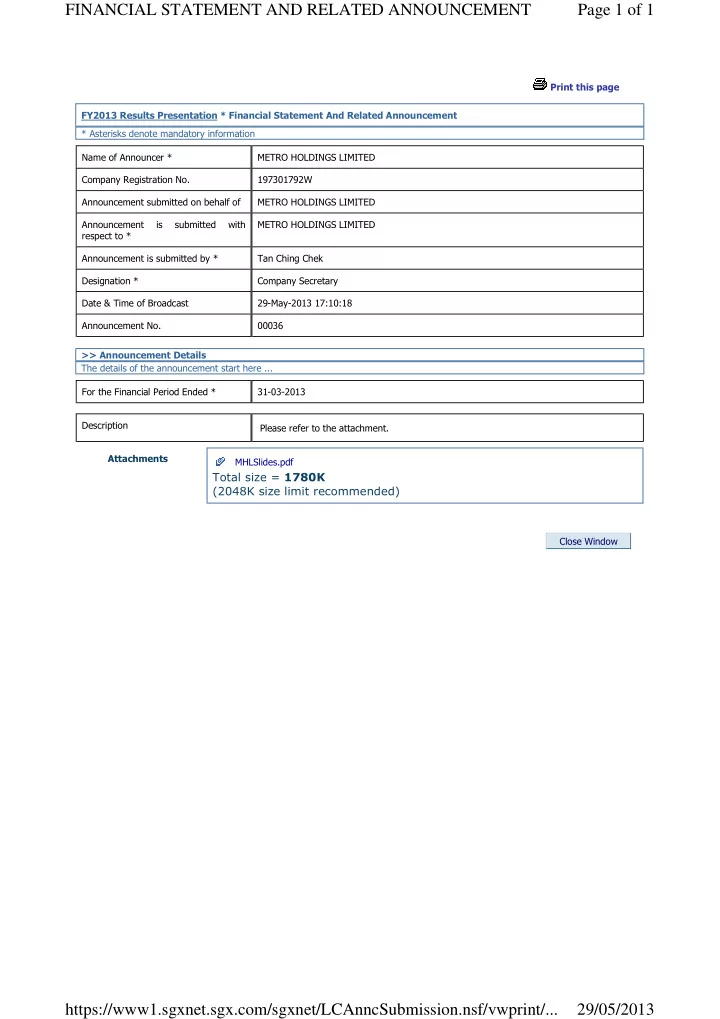 financial statement and related announcement page 1 of 1