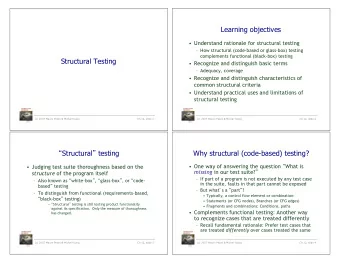 Learning objectives  Understand rationale for structural testing  How structural (code-based