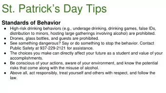 St. Patricks Day Tips  Standards of Behavior    High-risk drinking behaviors (e.g., underage