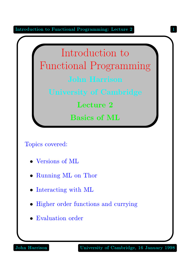 in tro duction to f unctional programming lecture 2 1 in