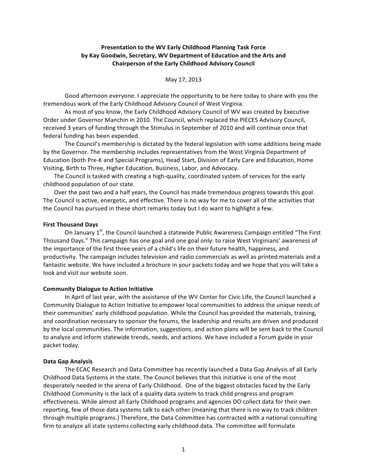 presentation to the wv early childhood planning task force