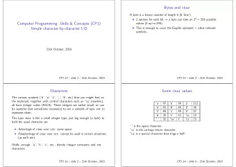 Bytes and char A byte is a binary number of length 8 (8 bits).  2 options for each bit