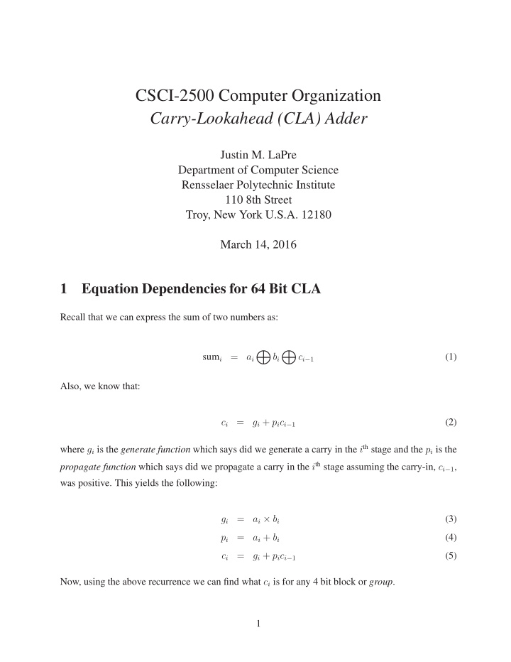 csci 2500 computer organization carry lookahead cla adder