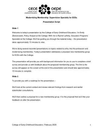 Modernizing Membership: Supervision Specialty for ECEs  Presentation Script  Slide 1  Welcome to