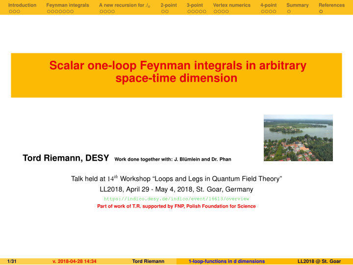 scalar one loop feynman integrals in arbitrary space time