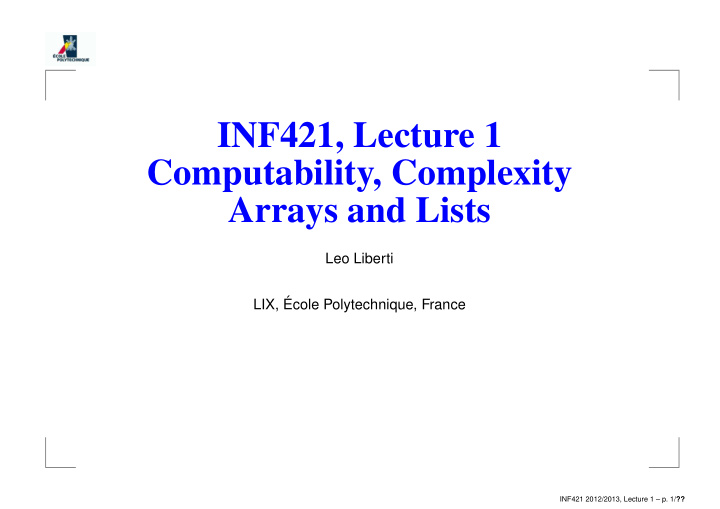 inf421 lecture 1 computability complexity arrays and lists