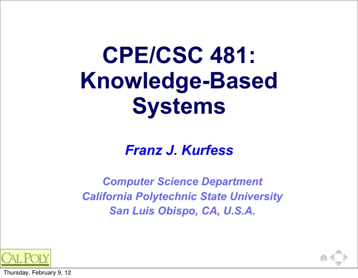 cpe csc 481 knowledge based systems